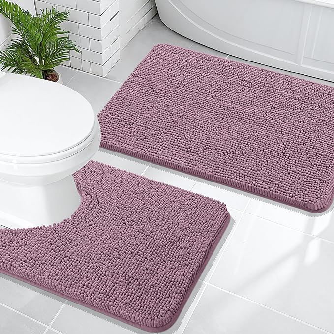 OLANLY Bathroom Rugs Sets 2 Piece, Soft Absorbent Chenille Bath Mats and U-Shaped Contour Toilet Mat Area Rug Set, Machine Washable Bath Carpet, Home Decor Accessories(30"x20"+24"x20", Deep Plum)