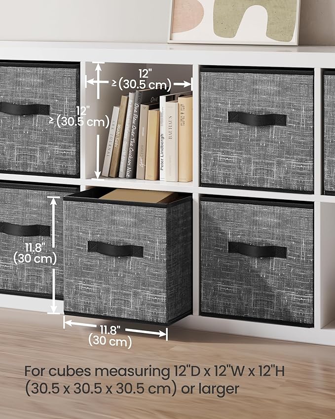 SONGMICS Storage Cubes, 11.8-Inch Non-Woven Fabric Bins with Double Handles, Set of 6, Closet Organizers for Shelves, Foldable, for Clothes, Classic Black UROB030B01