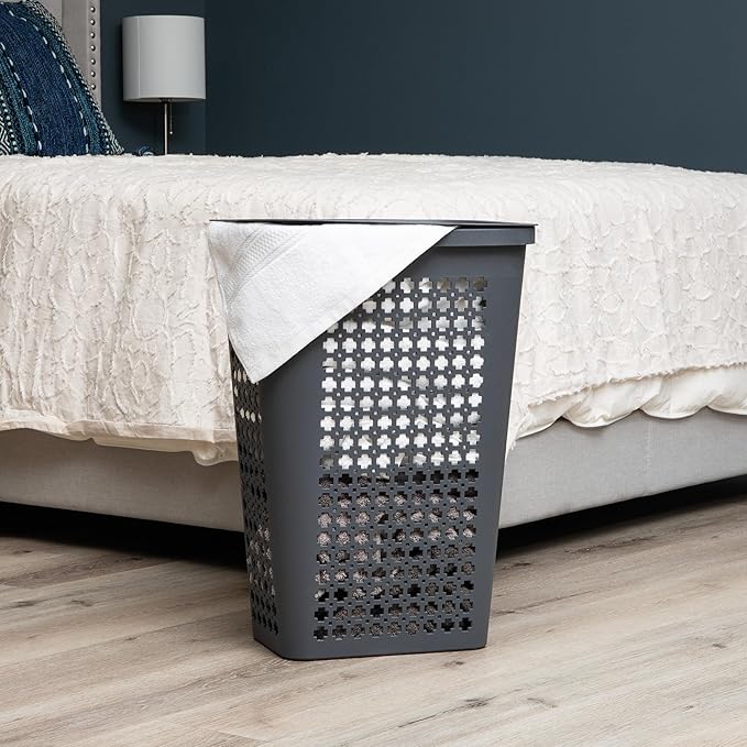 Mind Reader Slim Tapered Laundry Hamper with Lid, Clothes Basket with Swiss Cross Cut-Outs, Lightweight & Ventilated, Plastic, 16.75"L x 12.75"W x 23"H, Gray