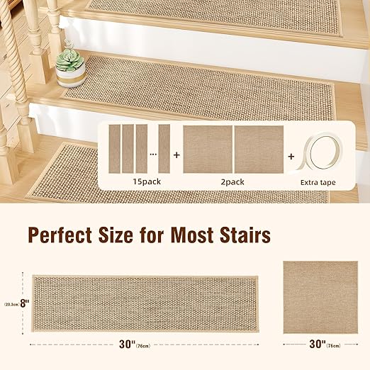 15pcs Stairs Treads and 2 Landing Carpet, Breathable Linen Stair Carpet Non Slip for Wooden Steps Peel and Stick Stairs Runner Indoor Self-Adhesive Treads Stair Covers Mat 8"X30" and 30"X30"