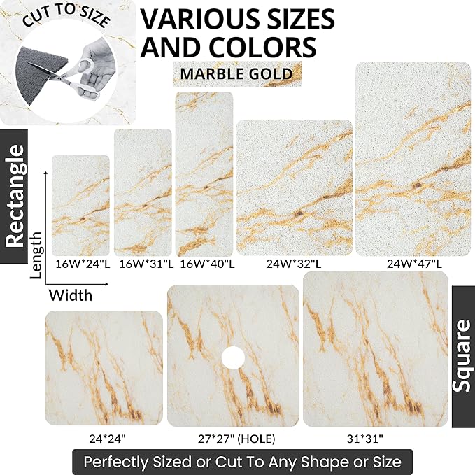 Enkosi Loofah Shower Mat Non Slip – Square Anti Slip Bath Mat for Inside Showers, Bathtub, Tub, Bathroom - Cushioned, Quick Dry PVC with Drain Holes - Secure Grip Safety Pad (Marble Gold 24x24)