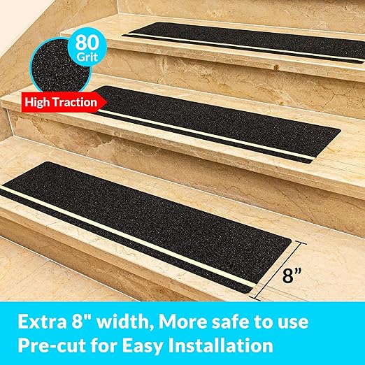 LifeGrip Anti Slip Traction Treads with Glow in Dark Stripe (10-Pack), 8" X 32", Best Grip Tape Grit Non Slip, Outdoor Non Skid Tape, High Traction Friction Abrasive Adhesive for Stairs Step