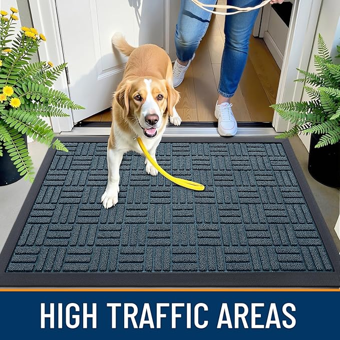 OLANLY Front Door Mat Outside Entrance 33x21, Absorbent, Heavy Duty Sturdy Natural Rubber Doormat Indoor Outdoor, Non-Slip, Stain and Fade Resistant, Low Profile Floor Mat for Entryway, Lake Blue