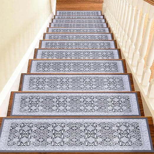 Non Slip Stair Treads for Wooden Steps Indoor, Grey, 15pcs, 30"X8", Soft Carpet Mat, Machine Washable Boho Carpet Treads with Reusable Adhesive Backing, Safety Stair Tread for Dogs, Kids, Elders