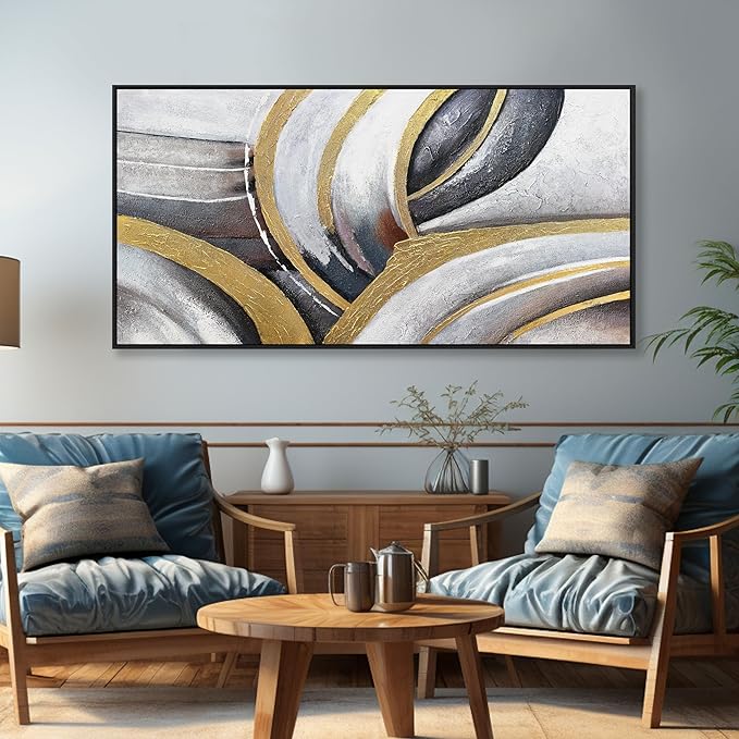 Abstract Wall Art Gold and White Framed Canvas Painting Artwork Modern Home Canvas Wall Decor Suitable for Living Room Bedroom Restaurant Office 29"X58"