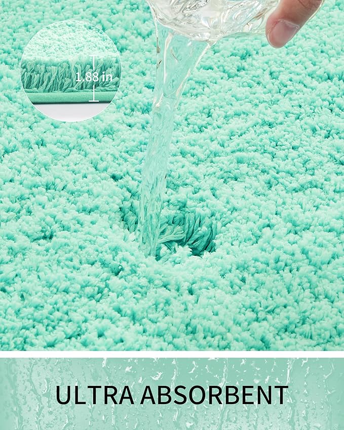 Bathroom Rugs, Ultra Thick Shaggy Soft Microfiber Absorbent Bath Rug, High Density Foam Latex Non Slip Backing, Machine Washable Bath Mats for Bathroom Floor & Sink 24x17, Spa Blue