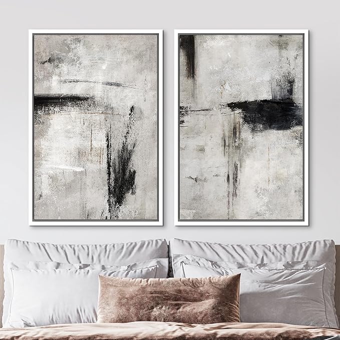 MUDECOR Framed Canvas Print Wall Art Grey Black Abstract Shape Illustrations Modern Art Decorative Bohemian Colorful Chic for Living Room, Bedroom, Office - 16"x24"x2 White