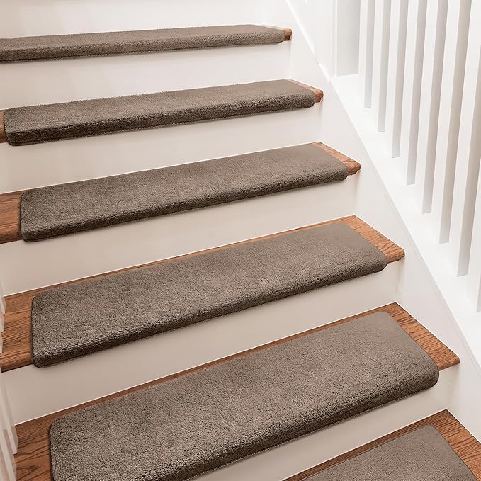 PURE ERA Carpet Stair Treads Ultra Plush 9.5" X 30"Soft Bullnose Indoor Stair Protectors Pet-Friendly Non-Slip Skid Resistant Tape Free Washable Reusable(14 Pieces,Brown)