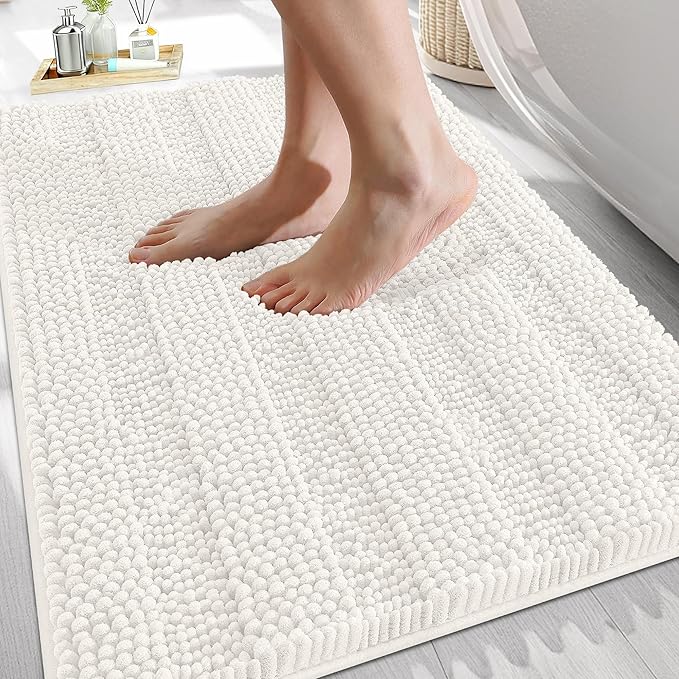 OLANLY Thick Bathroom Rugs 30x20, Extra Soft Absorbent Chenille Striped Bath Rugs, Rubber Backing, Machine Wash Dry, Bath Mats for Bathroom Floor, Tub and Shower, Home Decor Accessories, Ivory