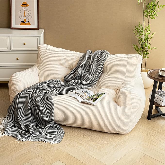59" Bean Bag Chair,2 Seat Loveseat Sofa,Corduroy Lazy Sofa Bed for Adults,Fit Living Room, Bedroom,Outdoor Spaces,Ultra Soft Dutch Velvet,Fluffy Comfort Washable Cover,72h Rebound,White