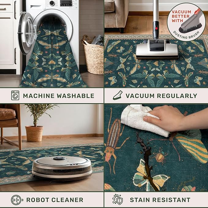 Insect Blue Green Living Room Rug 5x8 - Washable Area Rug for Bedroom, Dining Room, Kids Playroom, Home Office, Boho Butterfly Non Slip Stan Resistant