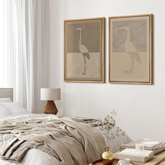 MUDECOR Framed Canvas Print Wall Art Bird Silhouette Modern Minimalist with Heron Crane Illustrations Modern Art Decorative Bohemian Colorful for Living Room, Bedroom, Office - 24"x36"x2 Natural