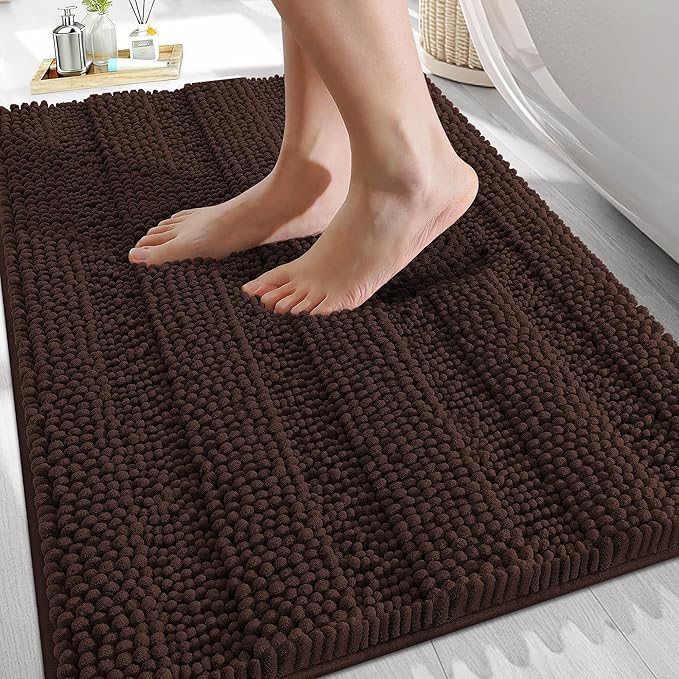 OLANLY Thick Bathroom Rugs 30x20, Extra Soft Absorbent Chenille Striped Bath Rugs, Rubber Backing, Machine Wash Dry, Bath Mats for Bathroom Floor, Tub and Shower, Home Decor Accessories, Brown