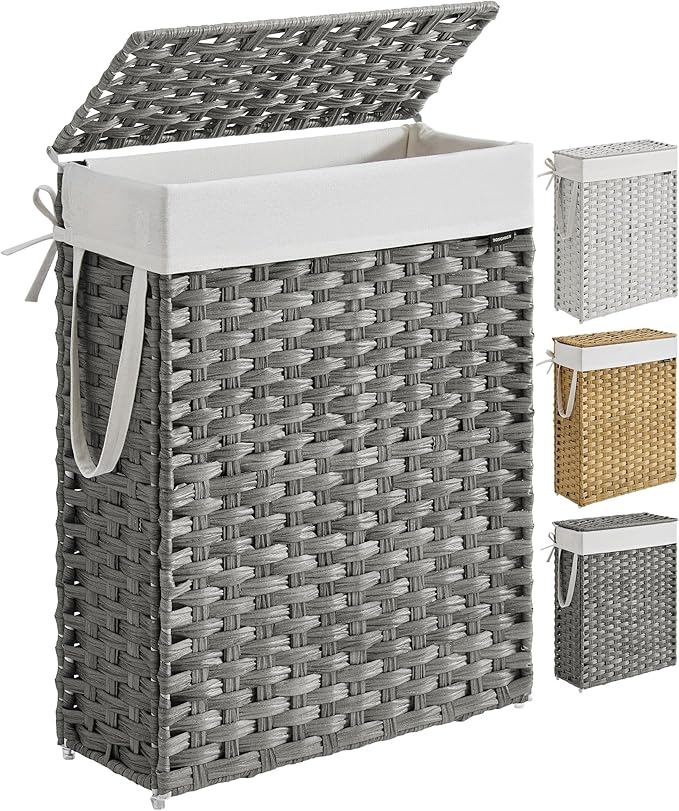 SONGMICS Slim Laundry Hamper with Lid, 14.5 Gallon (55L) Rattan Clothes Laundry Basket with Lid and Handles, Foldable, Removable Liner, Dove Gray ULCB164G01
