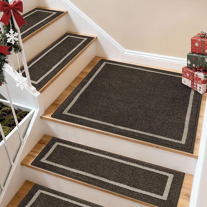 COSY HOMEER Stair Landing Rug 30x30 Inch, Non-Slip Square Landing Mat for Wood Steps Indoor, Washable Polyester with TPE Backing, Brown