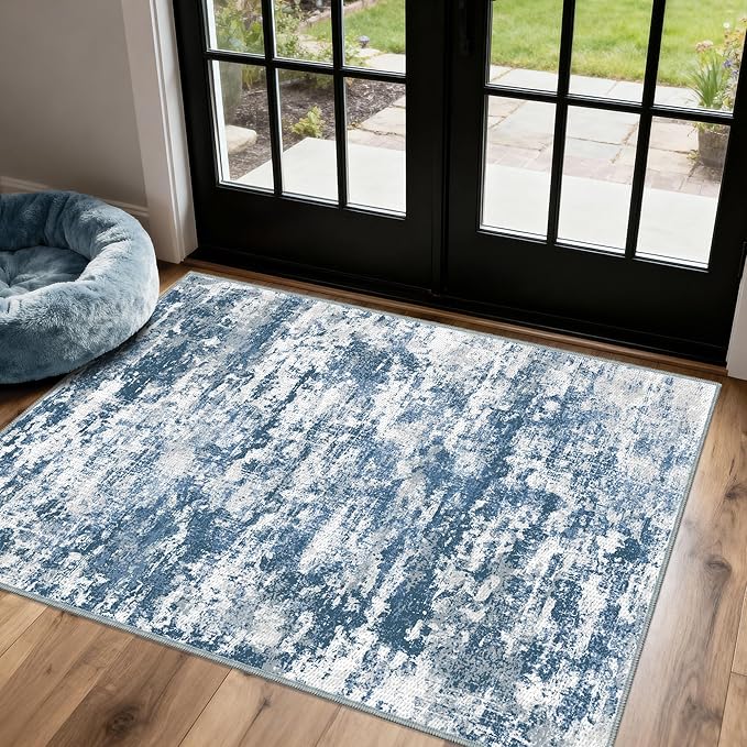 3x5 Area Rug Washable Entryway Rug Non Slip Abstract Tear and Stain Resistance No Pile Lightweight Throw Rugs Carpet for Kitchen, Entrance, Foyer, Bedside, Mudroom, Blue