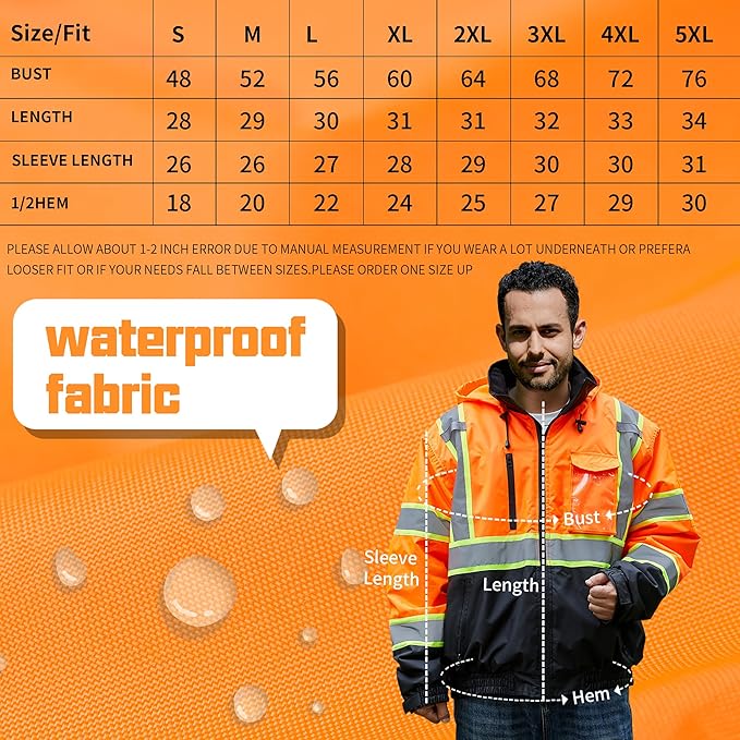 sesafety Reflective Jacket for Men, High Visibility Jackets, Safety Jackets for Men, Hi Vis Construction Bomber Jackets Waterproof with Pockets and Zipper, Black Bottom, Class 3