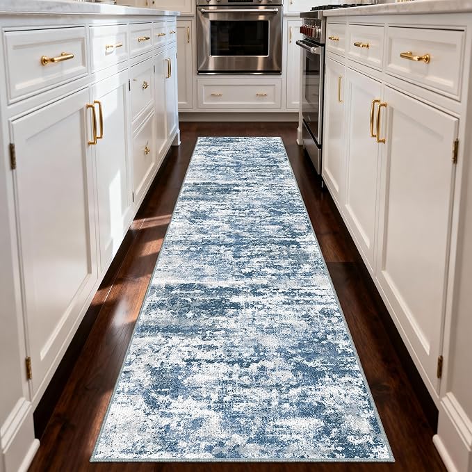 Kitchen Rugs Ultra Non-Slip 2.6x8 Washable Runner Rug Abstract Tear and Stain Resistance No Pile Lightweight Runners for Entryway, Hallway, Walkway, Bedside, Entrance, Blue