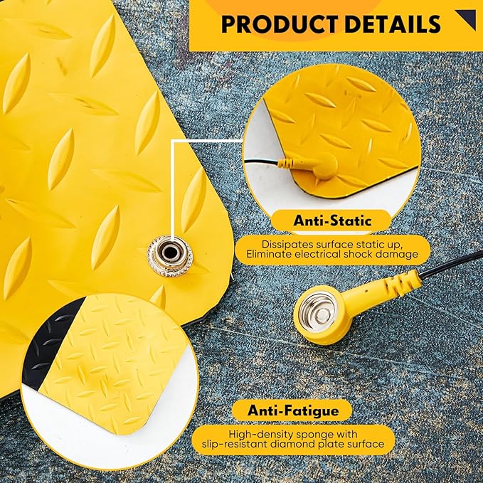 2'x3' Anti-Fatigue Mat ESD Conductive Pad with Ground Wire, Ergonomic Standing Floor Mat Heavy-Duty Diamond Plate Surface for Commercial&Industrial Work, Thick 3/4” Black with Yellow Border