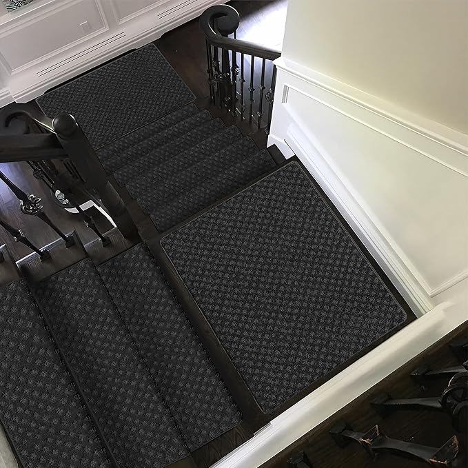 PURE ERA Bullnose Carpet Stair Treads Tape Free Non-Slip Indoor Stair Protectors Pet Friendly Stair Treads for Wooden Steps 9.5" x 30"(2 Pieces,Black Mini-Diamond Trellis)