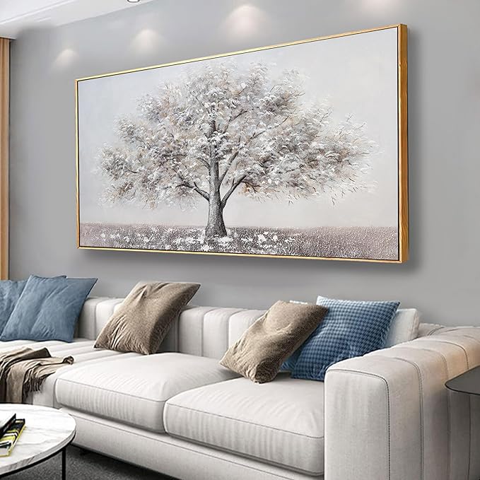 Abstract Wall Art Tree of Life White Background Canvas Wall Decor Framed Artwork Modern Aesthetic Suitable for Living Room Bedroom and Office Home Decor 24x48 In
