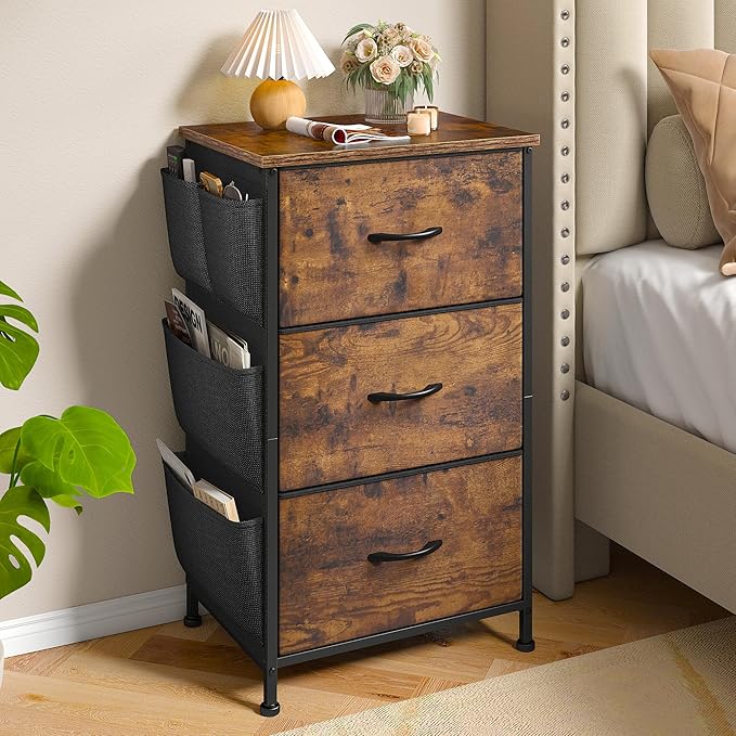 EnHomee Tall Nightstand,Night Stand with Drawers for Bedroom,Bedside Table with Wooden Top,Sturdy Steel Frame End Table,Dorm Small Nightstand for Bedroom,Entryway,Closet,Cloth Bags,Rustic Brown