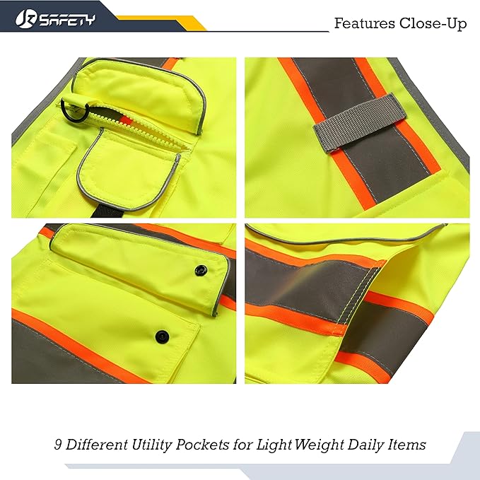 JKSafety 9 Pockets Hi-Vis Neon Yellow Color Zipper Front Safety Vest with Fluorescent Orange Extend Edge outlining the Reflective Tapes Meet ANSI/ISEA Class 2 Standard (901-Yellow, XX-Large)