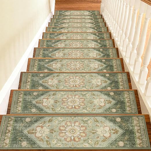 Non Slip Stair Treads for Wooden Steps Indoor, Light Green, 15pcs, 30"X8", Soft Carpet Mat, Machine Washable Boho Carpet Treads with Reusable Adhesive Backing, Safety Stair Tread for Dog, Kid, Elder