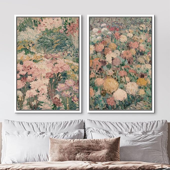 MUDECOR Framed Canvas Print Wall Art Impressionist Floral Garden Vintage Botanical Illustrations Modern Art Decorative Bohemian Colorful Chic for Living Room, Bedroom, Office - 16"x24"x2 White