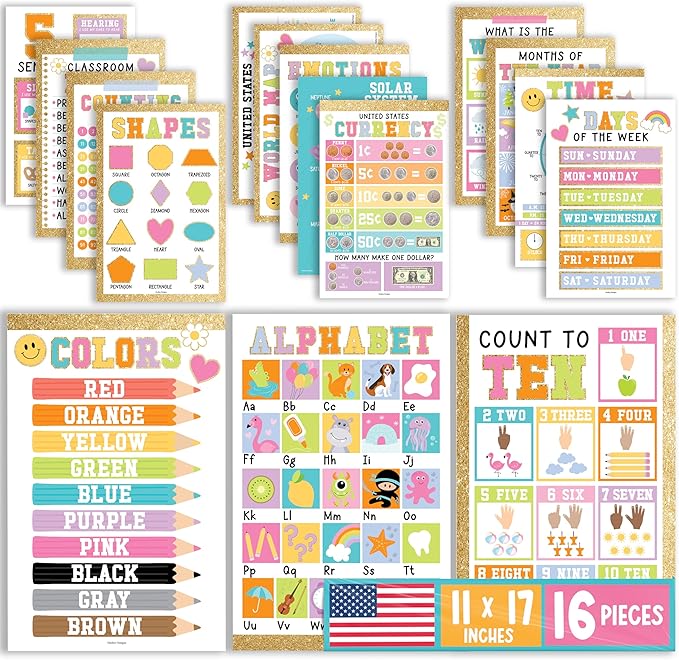 Hadley Designs 16 Educational Posters for Classroom Decor - Gold Educational Posters for Toddlers 1-3, Toddler Learning Poster for Kids Ages 3-5, Kindergarten & Preschool Classroom Must Haves
