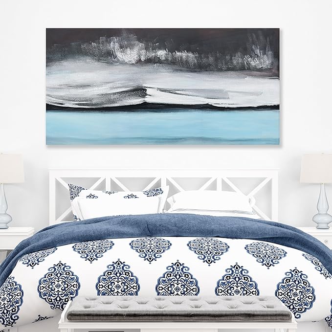 Abstract Wall Art Black White and Blue Canvas Art Wall Decor Modern Art Wall Decor Painting Framed Artwork Abstract Canvas Wall Art for Living Room Bedroom Office 24"x48"