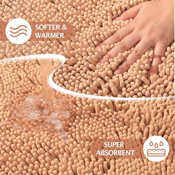 Bathroom Rugs 2 Piece Set – Absorbent, Non-Slip, Soft Chenille Bath Mat, Machine Washable, Comfortable Floor Mats (24"×17” & 20"×30”, Beige)