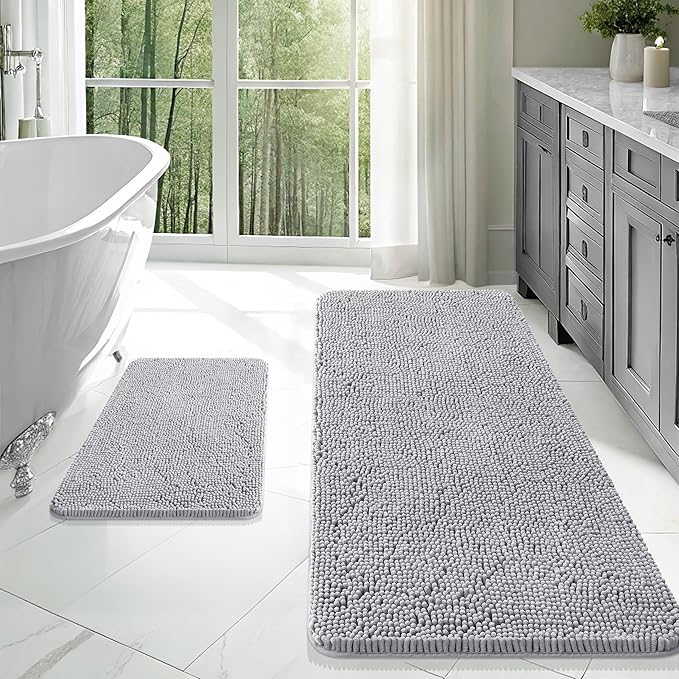 OLANLY Bathroom Rugs Sets 2 Piece, Soft Absorbent Chenille Bath Mats Area Rug Set, Non-Slip, Quick Dry, Machine Washable Bath Mats for Bathroom, Home Decor Accessories (47"x20"+24"x16", Light Grey)