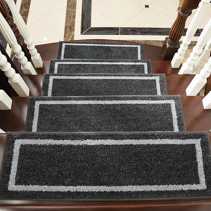 COSY HOMEER Soft Stair Treads 15pcs Non-Slip Carpet Mat 28inX9in Indoor Stair Runners for Wooden Steps, Stair Rugs for Kids and Dogs, 100% Polyester TPE Backing Black,Square