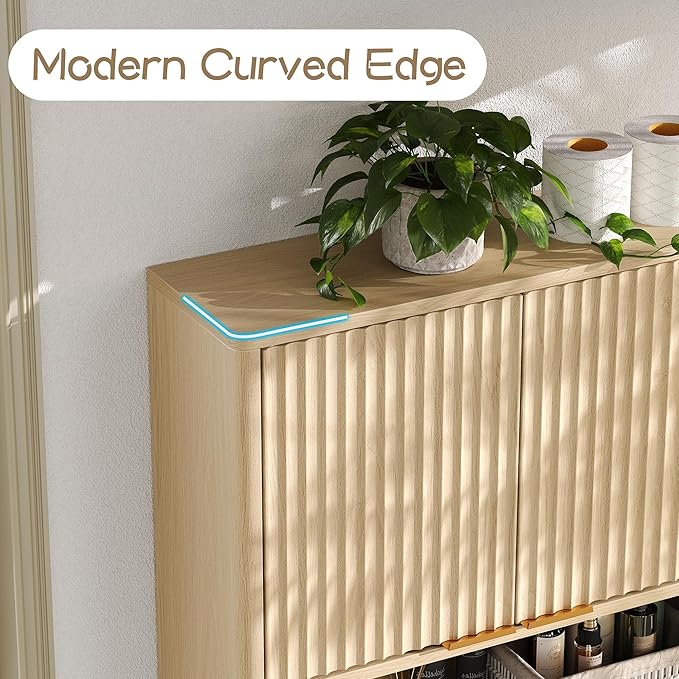 Furnideco Bathroom Medicine Cabinet with Fluted Doors, 3-Tier Modern Wall Cabinet Over Toilet, Small Hanging Storage Cabinet for Bathroom, Natural