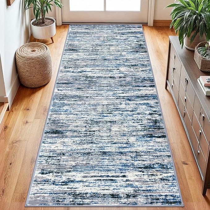 Modern Abstract Runner Rug 2.6x8, Grey Blue White Washable Kitchen Runner Non-Slip Soft Hallway Rug Runner Thin Print Faux Wool Carpet for Entryway Bedroom Laundry Room Indoor Home Decor
