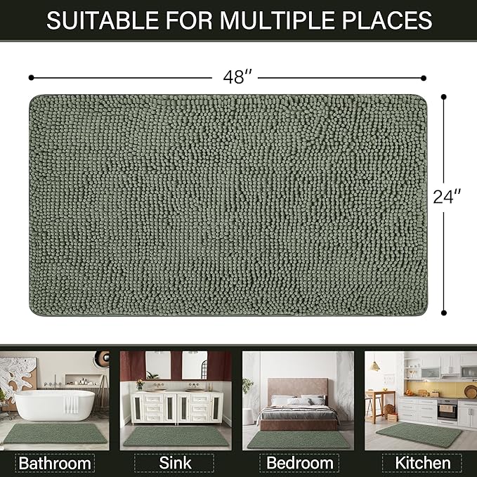 LOCHAS Luxury Bathroom Rug Shaggy Bath Mat 24 x 48 Inch, Washable Non Slip Bath Rugs for Bathroom Shower, Soft Plush Chenille Absorbent Carpets Mats, Sage Green