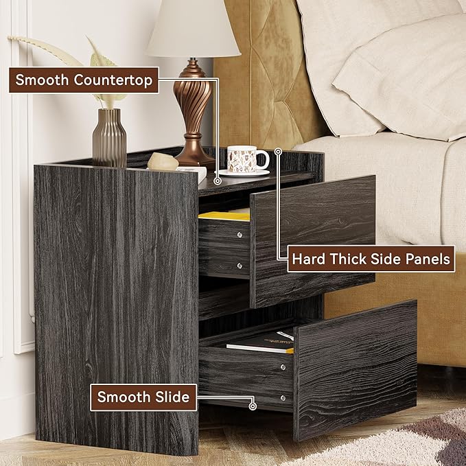 Nightstand with 2 Storage Drawer, Modern End Table for Bedroom with Cut-Out Handle, Large Night Stands for Bedroom, Home Office, Set of 1, Dark Grey
