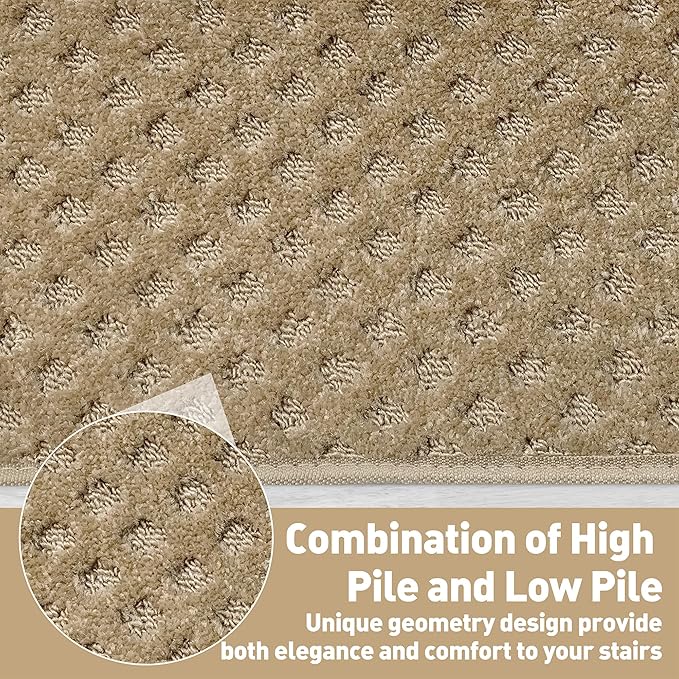 PURE ERA Bullnose Carpet Stair Treads Set Tape Free Non-Slip Indoor Stair Protectors Pet Friendly Rugs 9.5" x 30"(7 Pieces,Khaki Mini-Diamond Trellis)