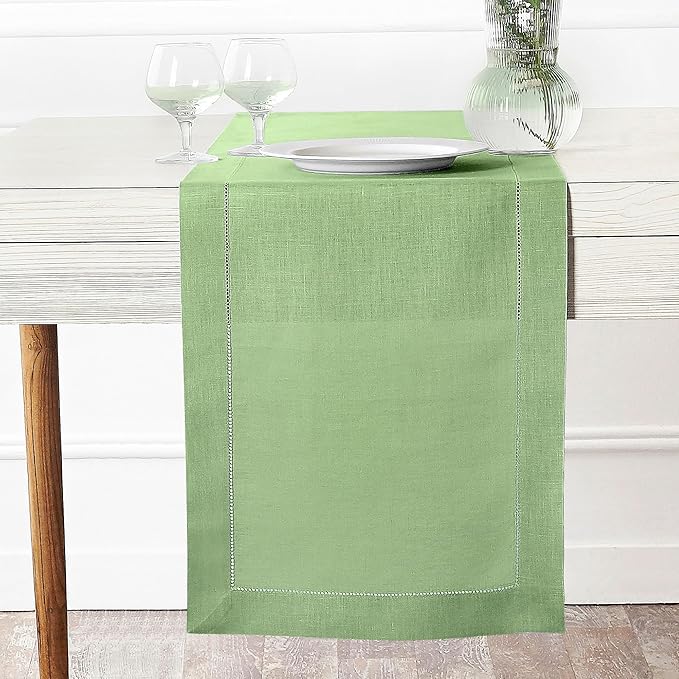 D'Moksha Homes Linen Sage Green Table Runner 144 Inches Long - 100% Pure Linen Extra Long Table Runner 14 x 144 Inch for Spring, St Patricks Day, Easter - Classic Hemstitch