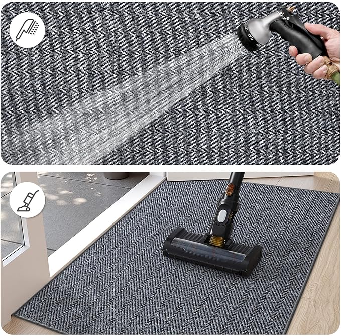 LUMI Ultra Thin Indoor Door Mat for Entrance 48"x72", Non Slip Entryway Mat, Low Profile Doormat, Unique Herringbone Design Carpet for Inside, Patio, Porch, Medium Gray