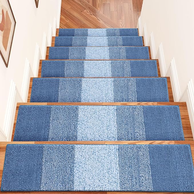 OLANLY Stair Treads Non Slip 15PCS, 8" x 30" Indoor Stair Runners for Wooden Steps, Edging Stair Rugs with Reusable Peel and Stick Adhesive for Kids Elders and Pets, Light Blue