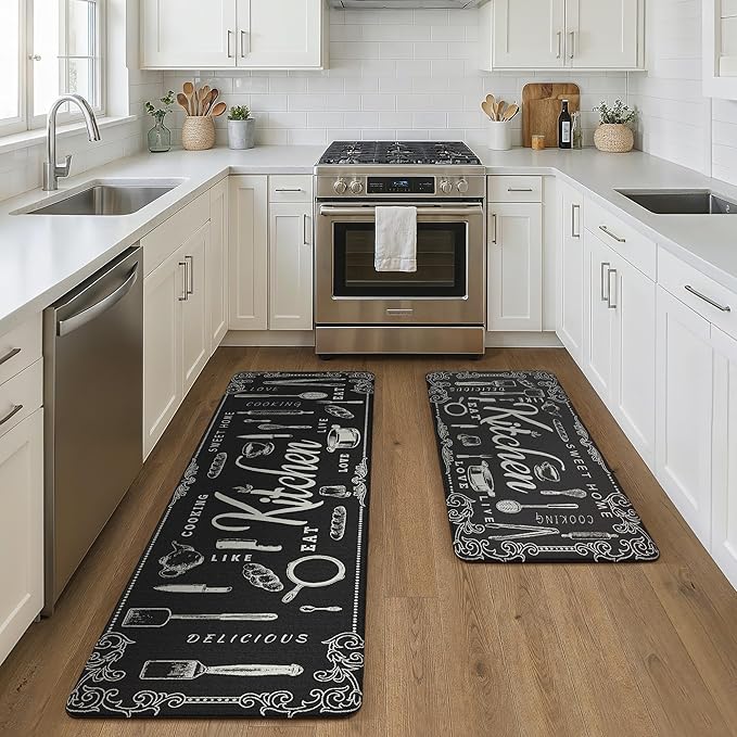 GENIMO Anti Fatigue Kitchen Mats for Floor, Non Slip Washable Kitchen Theme Rugs sets of 2, Farmhouse Cushioned Waterproof Comfort Runner Rug for Kitchen, Sink, Desk, Laundry, 17"x 59"+17"x 30", Black