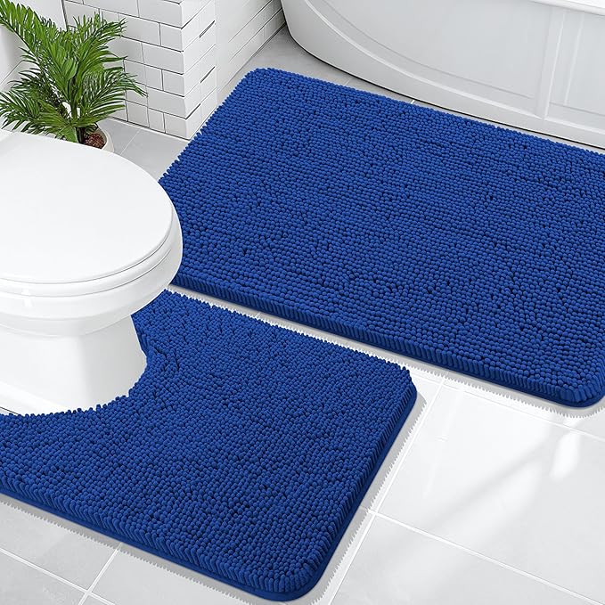 OLANLY Bathroom Rugs Sets 2 Piece, Soft Absorbent Chenille Bath Mats and U-Shaped Contour Toilet Mat Area Rug Set, Machine Washable Bath Carpet, Home Decor Accessories(36"x24"+24"x20", Royal Blue)
