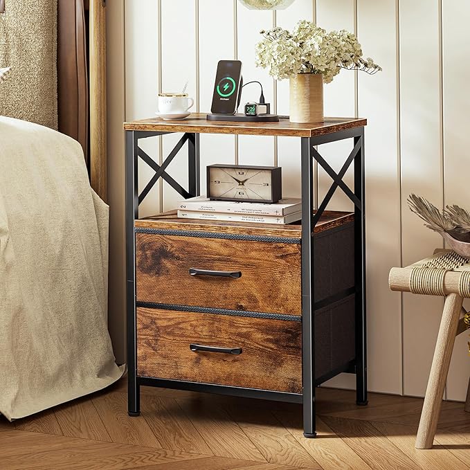 Huuger Night Stand with Charger Station, 2 Drawer Nightstand with Open Shelf, Bed Side Table with USB-C Port, End Table, Compact Size for Small Spaces, X Shaped Side Rail, Rustic Brown