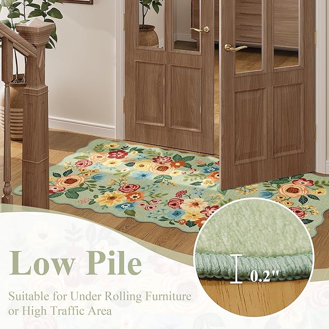 DUKINO 2x3 Entryway Rug, Floral Washable Indoor Door Mat with Non-Slip Backing, Soft Low Pile Small Front Door Throw Rugs for Entryway, Kitchen, Bedroom, Laundry, Bathroom, Green