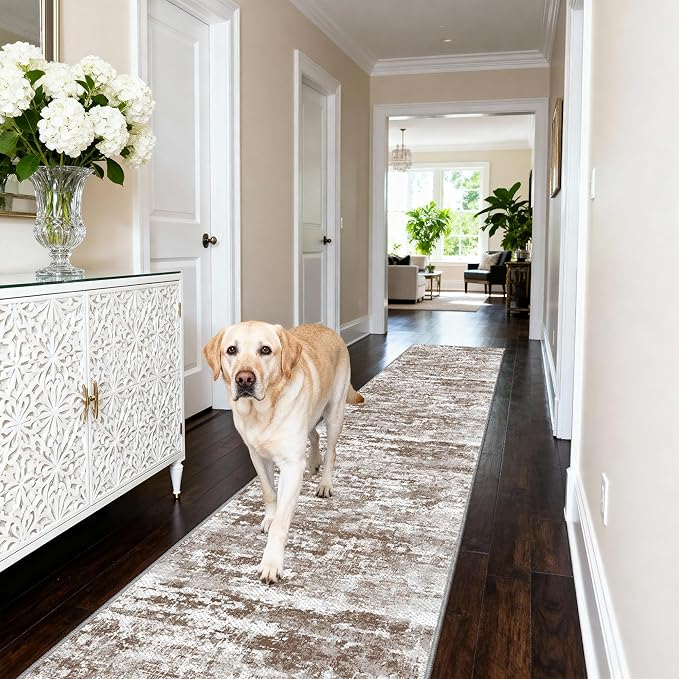 Runners for Hallways Ultra Non-Slip 2x10 Long Runner Rugs Washable Abstract Tear and Stain Resistance No Pile Lightweight Modern Rug Runners for Entryway, Kitchen, Walkway, Entrance, Brown