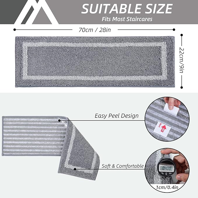 COSY HOMEER Soft Stair Treads Non-Slip Carpet Mat 28inX9in Indoor Stair Runners for Wooden Steps, Stair Rugs for Kids and Dogs, 100% Polyester TPE Backing 7pcs,Grey,Square