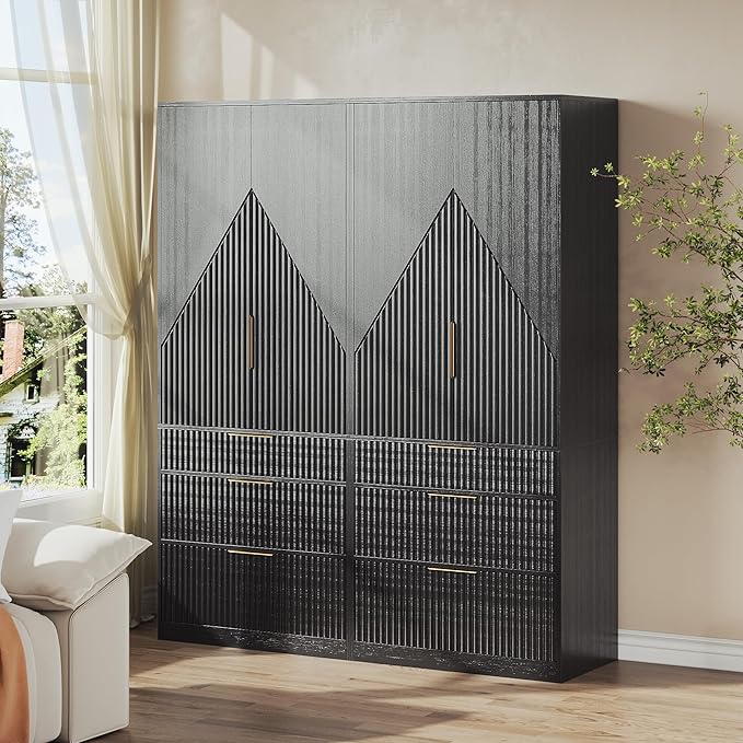 71.7" Wardrobe Armoire Wooden Closet with 2 Doors and 3 Drawers, Bedroom Armoire with Hanging Rod Shelf, Large Capacity Storage Wardrobe Armoire, Freestanding Wooden Closet Storage Cabinet Black
