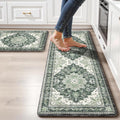 Boho Kitchen Mats for Floor 2 Piece Set Anti Fatigue Cushioned PVC Kitchen Rugs Non Slip Waterproof Farmhouse Mats 2/5 Inch Comfort Standing Mat for Sink, Laundry, Office, 17.3"x59"+17.3"x28", Green